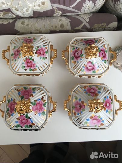 Гжель розовая с золотом Сахарница Самовар Чайник