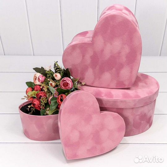 Коробка сердце велюр розовое L 30 x 27.5 x 12 см