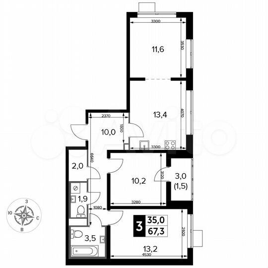 3-к. квартира, 67,3 м², 9/24 эт.