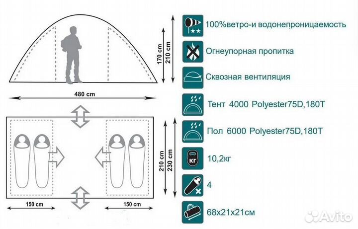 Палатка туристическая 4 -х местная, 2 комнаты