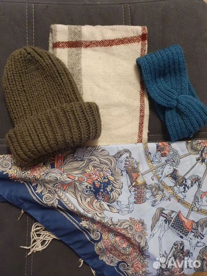 Шапка вязаная, повязка, шарф, платок атласный