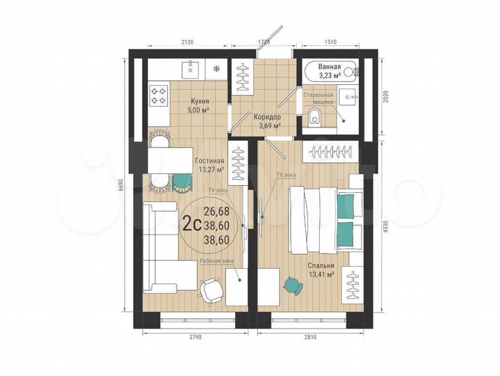 2-к. квартира, 38,6 м², 22/27 эт.