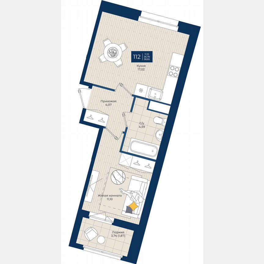 1-к. квартира, 38,7 м², 12/12 эт.