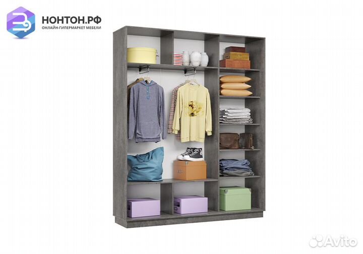 Шкаф-купе трёхдверный Процион с 2 зеркалами бетон