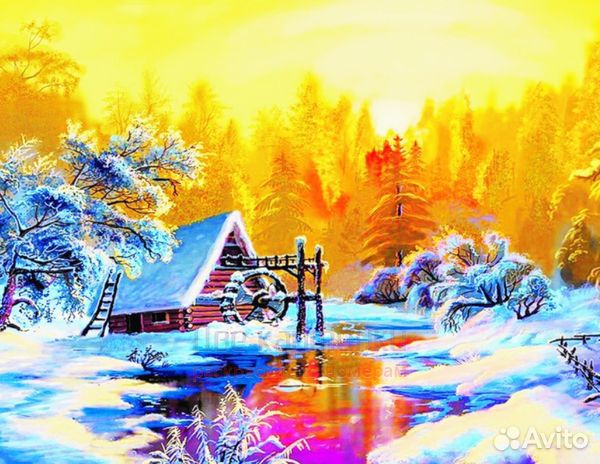 Алмазная мозаика 40x50 Зимний пейзаж у реки в луча