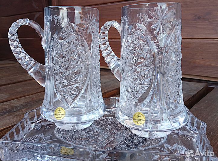 Набор пивных кружек с подносом - из хрусталя