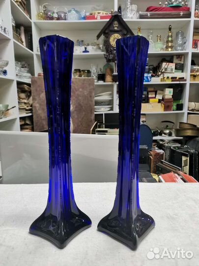 Вазы Синее цветное стекло Кобальт 30 см 2 шт (Ч)