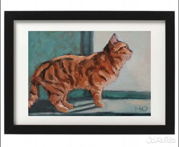 Маленькая картина маслом с рыжим котёнком на окне