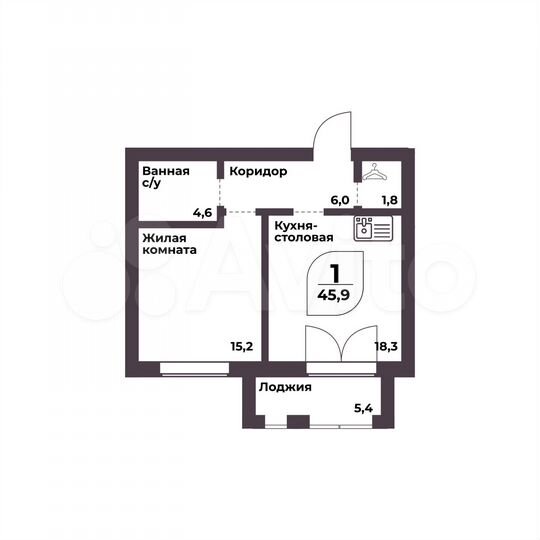 1-к. квартира, 45,9 м², 4/8 эт.