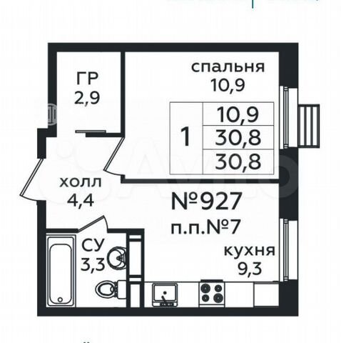 1-к. квартира, 30,8 м², 9/10 эт.