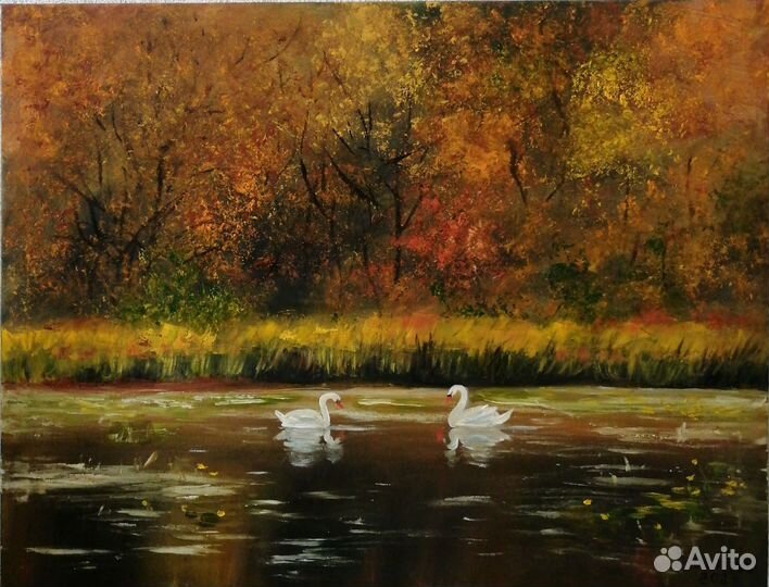 Белые лебеди на пруду. Холст на подрамнике 40х50