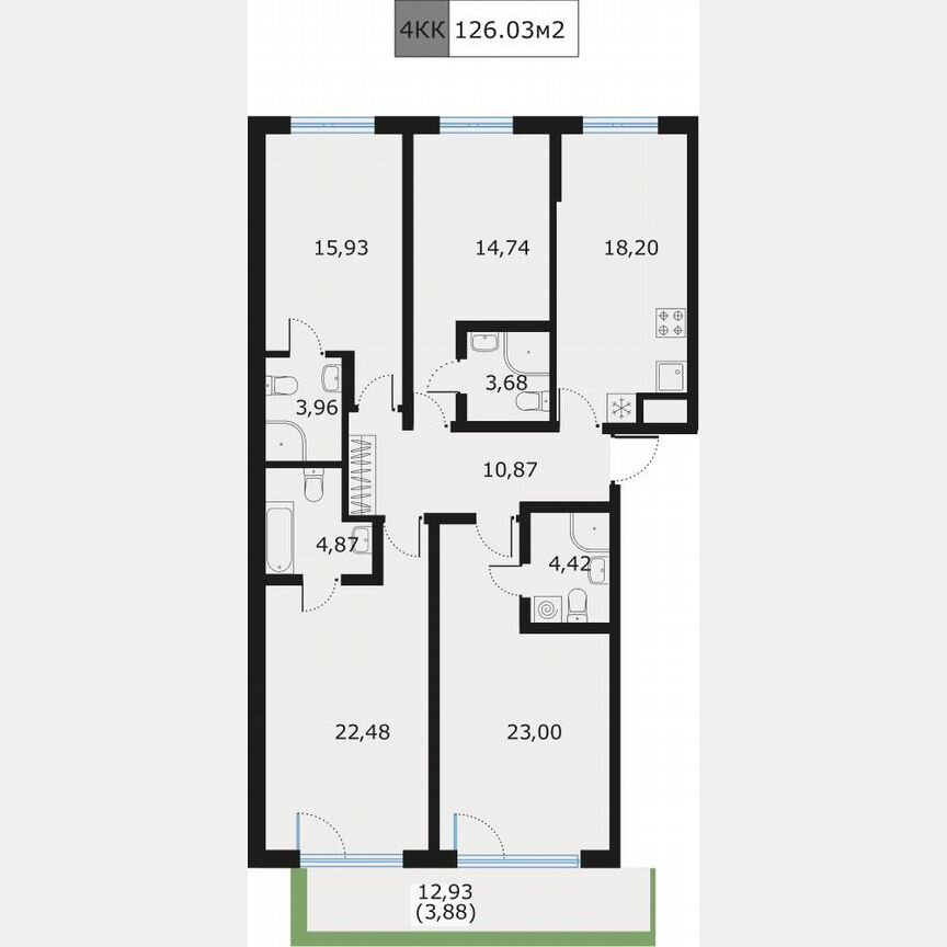 3-к. квартира, 126,1 м², 1/9 эт.