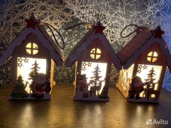 Деревянные светильники домики на елку игрушки