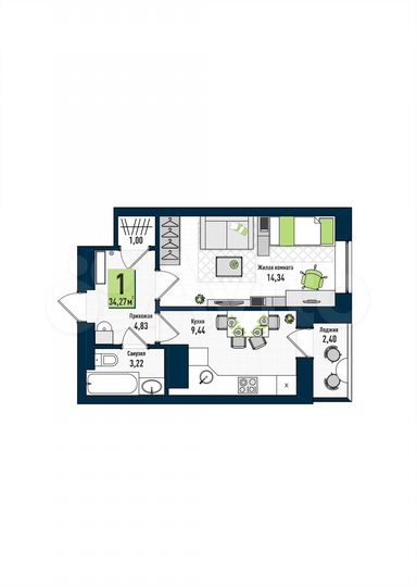 1-к. квартира, 34,3 м², 12/17 эт.