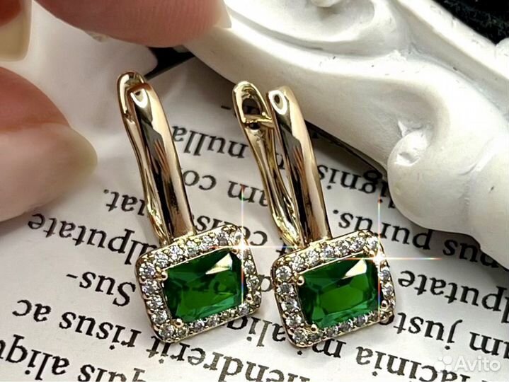 Серьги с изумрудным цирконом, покрытие золото