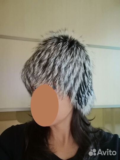 Шапка вязаная синяя, шапка чернобурка без размера