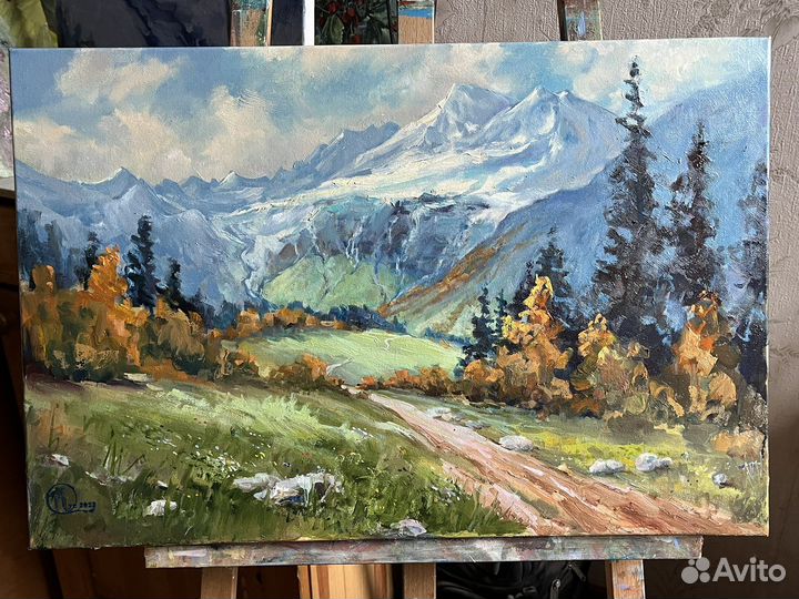 Картина маслом на холсте пейзаж горы Кавказ 40*60