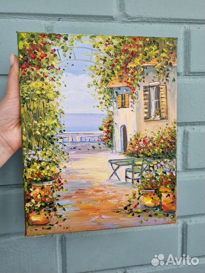 Картина маслом пейзаж морской цветы дом 24х30см