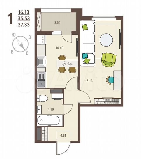 1-к. квартира, 37,3 м², 3/17 эт.