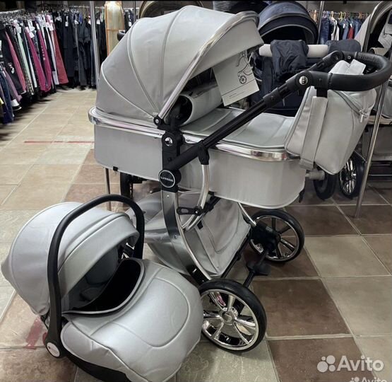 Коляска 3 в 1 (серебро Эко кожа )