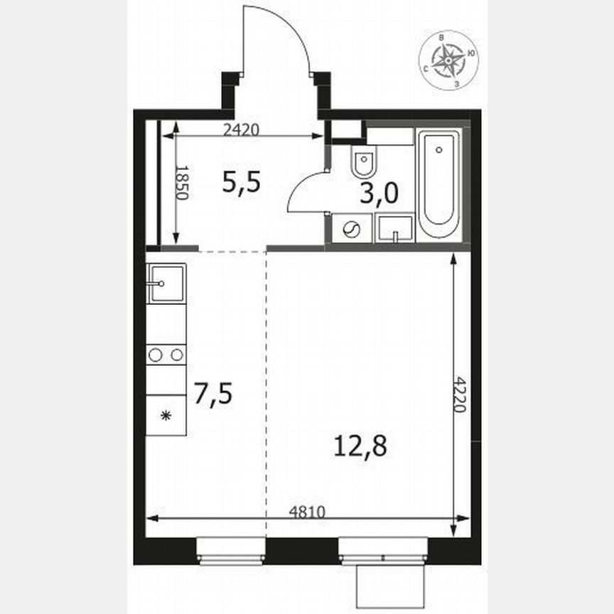 Квартира-студия, 28,8 м², 12/14 эт.