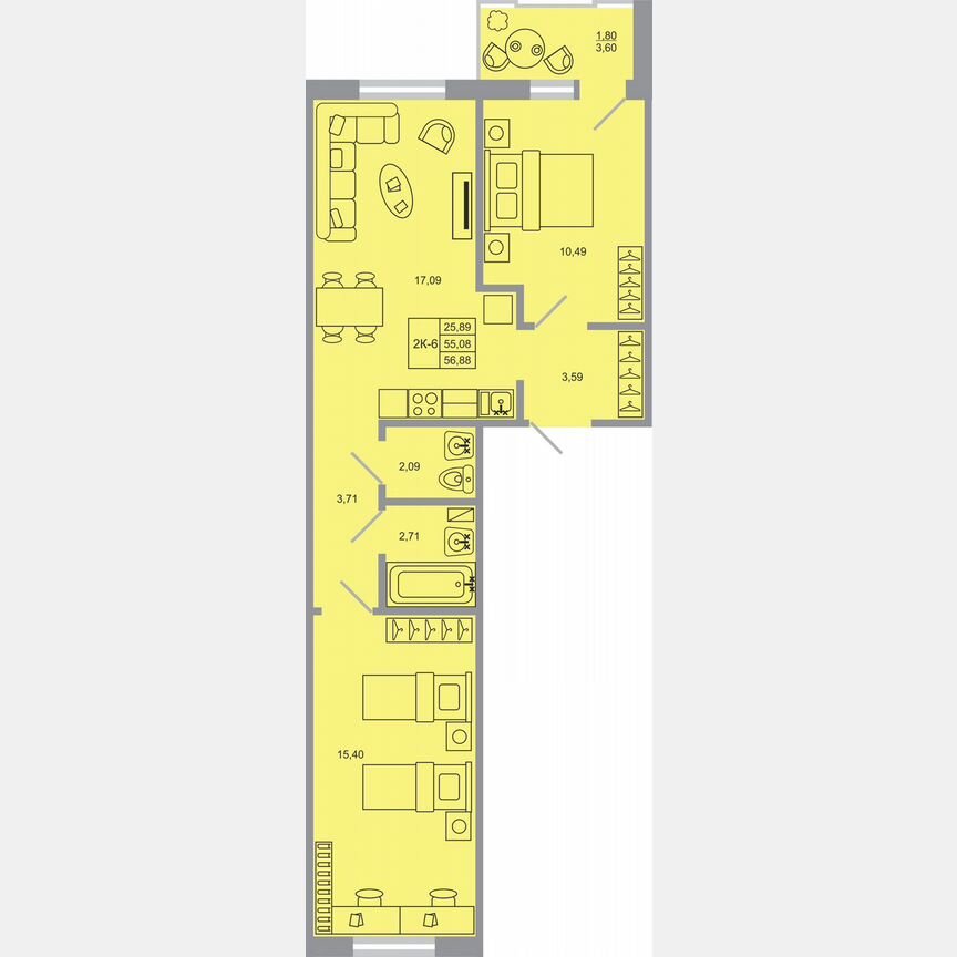 2-к. квартира, 56,9 м², 10/17 эт.