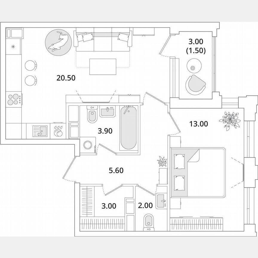 1-к. квартира, 49,8 м², 9/13 эт.