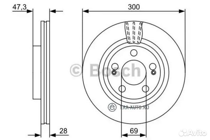 Bosch 0986479537 Диск торм. пер. вент.300x28 5 отв