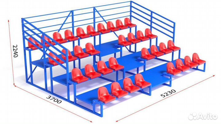 Трибуна с сидениями, четырехрядная, с ограждением