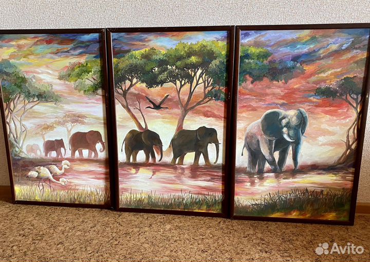 Картина маслом пейзаж Слоны