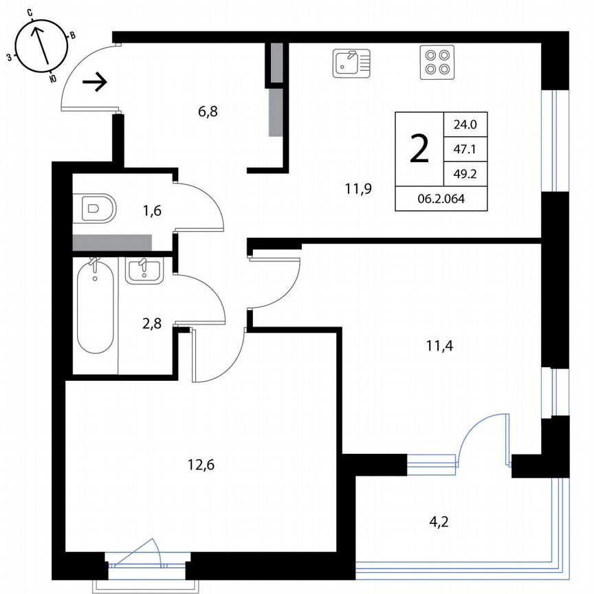 2-к. квартира, 49,2 м², 3/3 эт.