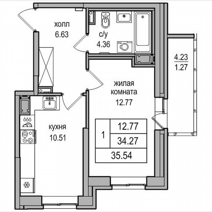 1-к. квартира, 35,2 м², 3/27 эт.