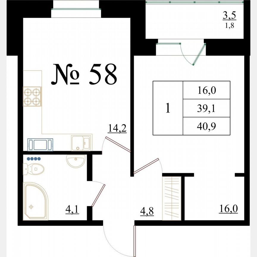 1-к. квартира, 40,9 м², 8/8 эт.