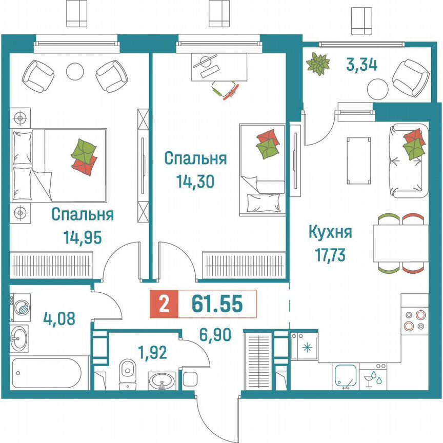 2-к. квартира, 61,6 м², 12/18 эт.