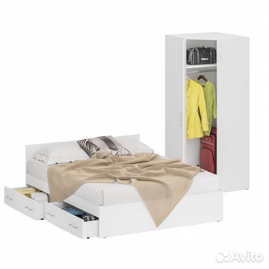 Кровать белая двуспальная с ящиками 1600 с угловым шкафом Стандарт, цвет белый, спальное место 1600х