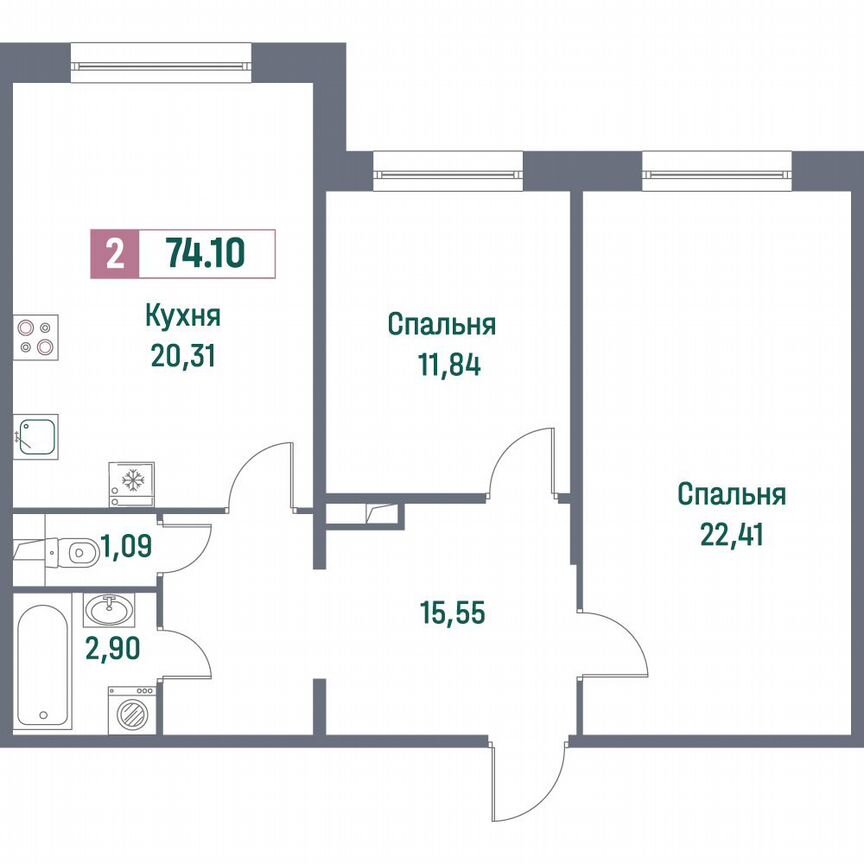 2-к. квартира, 74,1 м², 1/16 эт.