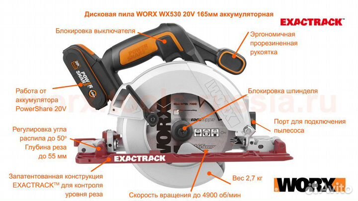 Дисковая пила worx WX530 20V 165мм аккумуляторная