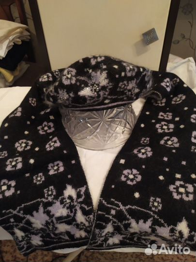 Шапка Берет ангора и шарф