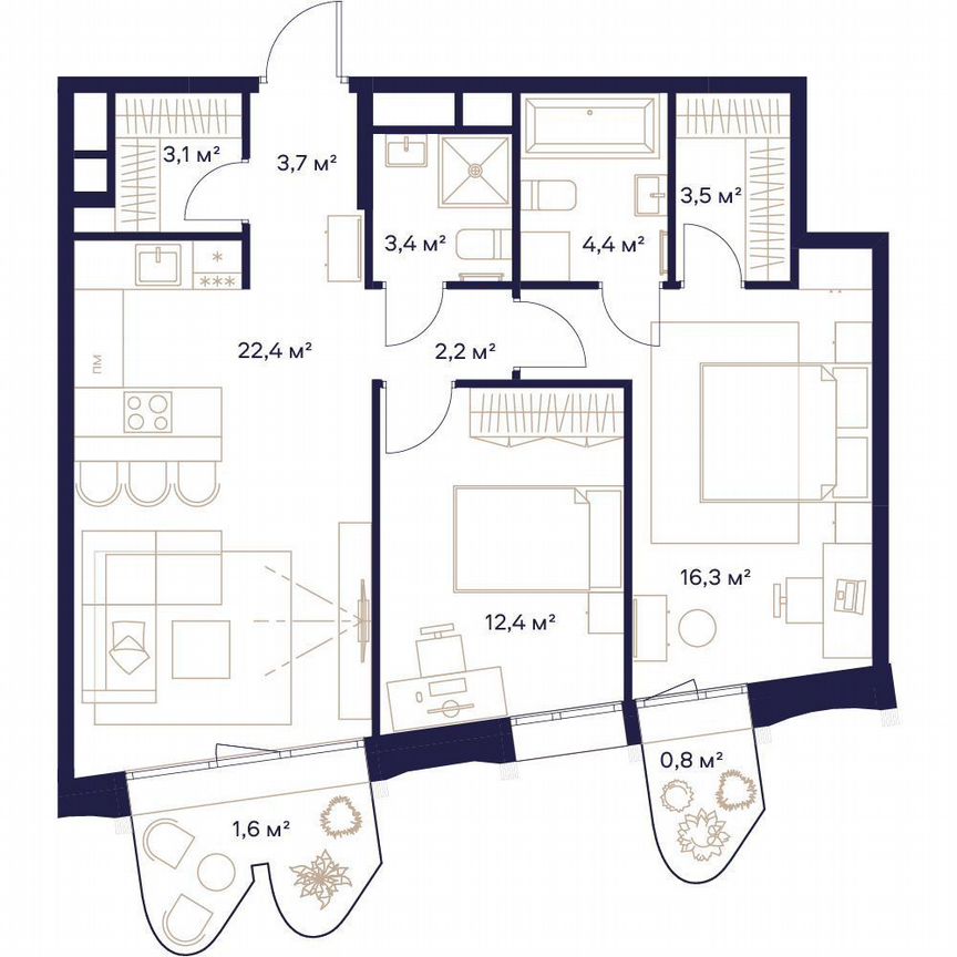 2-к. квартира, 73,8 м², 16/24 эт.