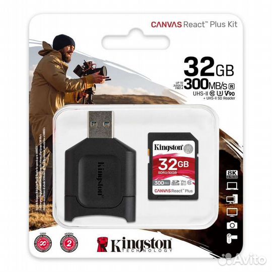 32Gb Kingston Canvas React Plus sdhc V90 +Reader