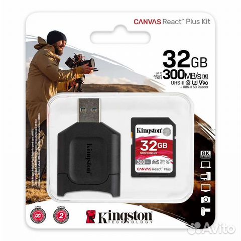 32Gb Kingston Canvas React Plus sdhc V90 +Reader