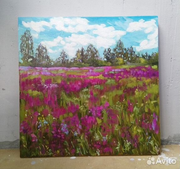 Картина летний пейзаж полевые цветы маслом 40*40см