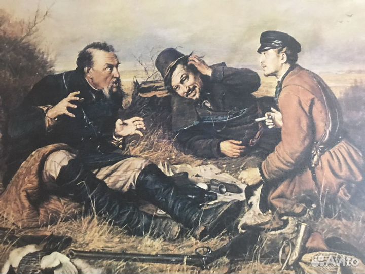 Картина три охотника на холсте, в багете