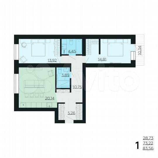 2-к. квартира, 83,6 м², 1/6 эт.