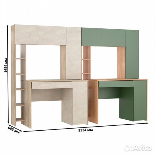 Два стола с надстройкой Mobi Комфорт 12.71 цвет кр.серый/шёлк.камень/гикори/дым.зеленый