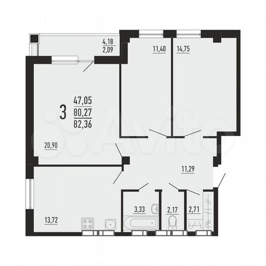3-к. квартира, 82,4 м², 13/16 эт.