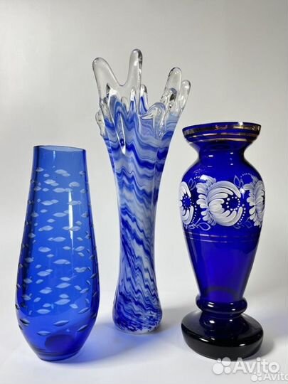 Ваза для цветов СССР цветное синее стекло