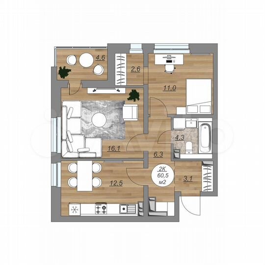 2-к. квартира, 60,5 м², 10/22 эт.