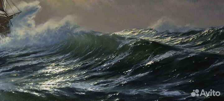 Картина маслом. Парусник в ночной шторм