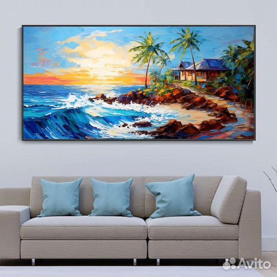 Текстурная картина маслом Закат над островом